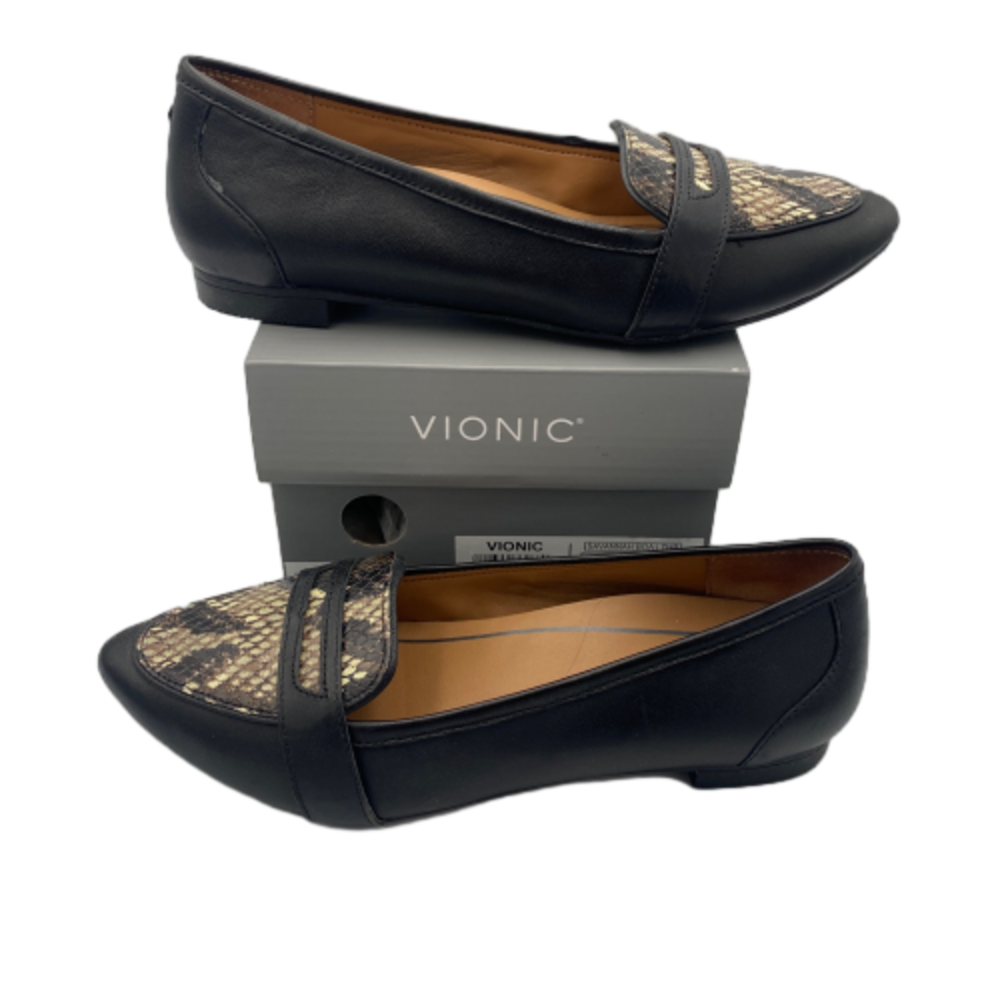 Vionic Gem Savannah Boa Womens 5 Penny Loafers Black Snakeskin Leather Slip On